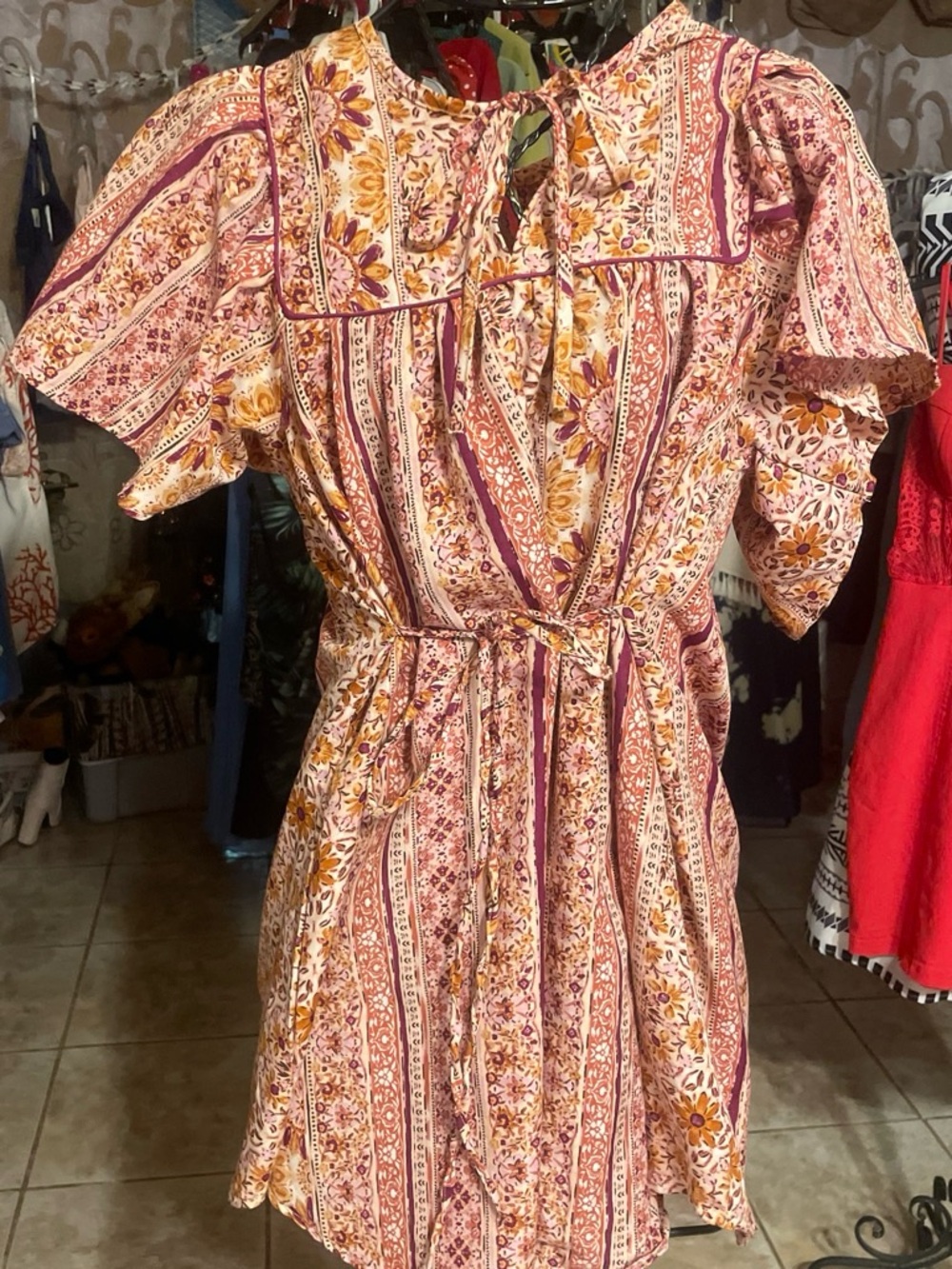 Striped Floral Mini Dress in Pink & Gold with Tie Waist